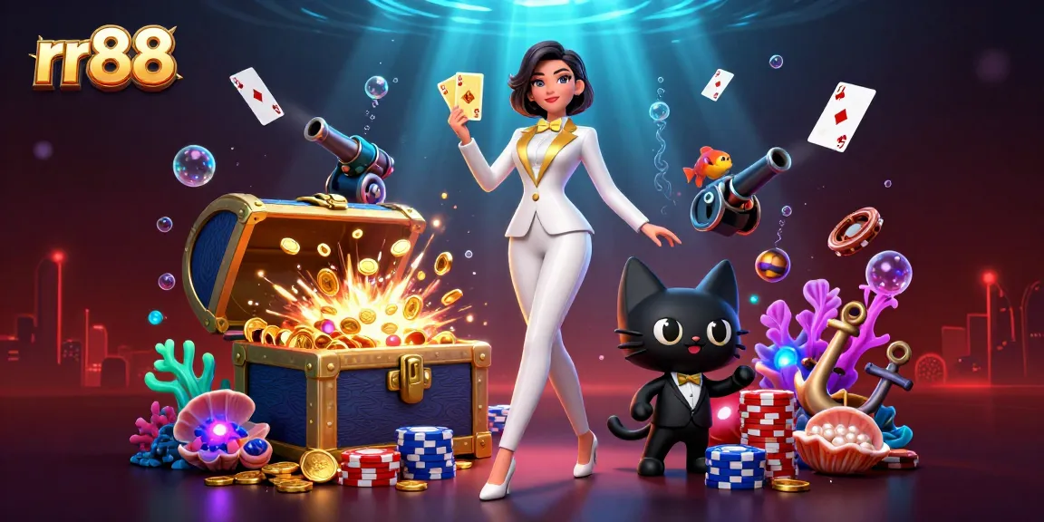 Experience thrilling gaming action at rr88 with a glamorous dealer shuffling golden cards and vibrant casino elements around.