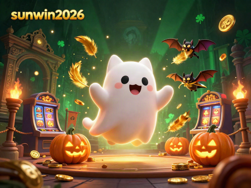 Engage with sunwin2026 as a cartoon ghost cat navigates a haunted casino filled with slot machines.