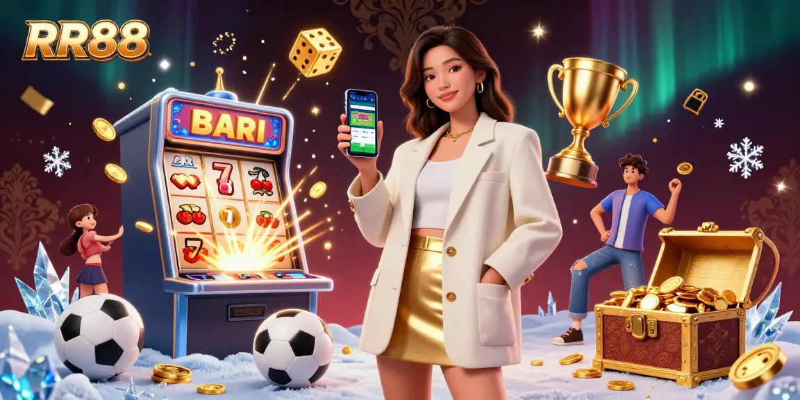 RR88 presents a vibrant casino scene showcasing a friendly Asian woman holding a sports betting app.