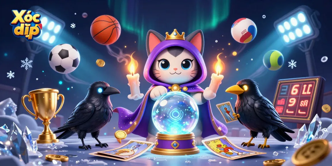 Xóc đĩa bịp gameplay scene featuring a mystic cat and a tarot raven amidst vibrant sports elements.