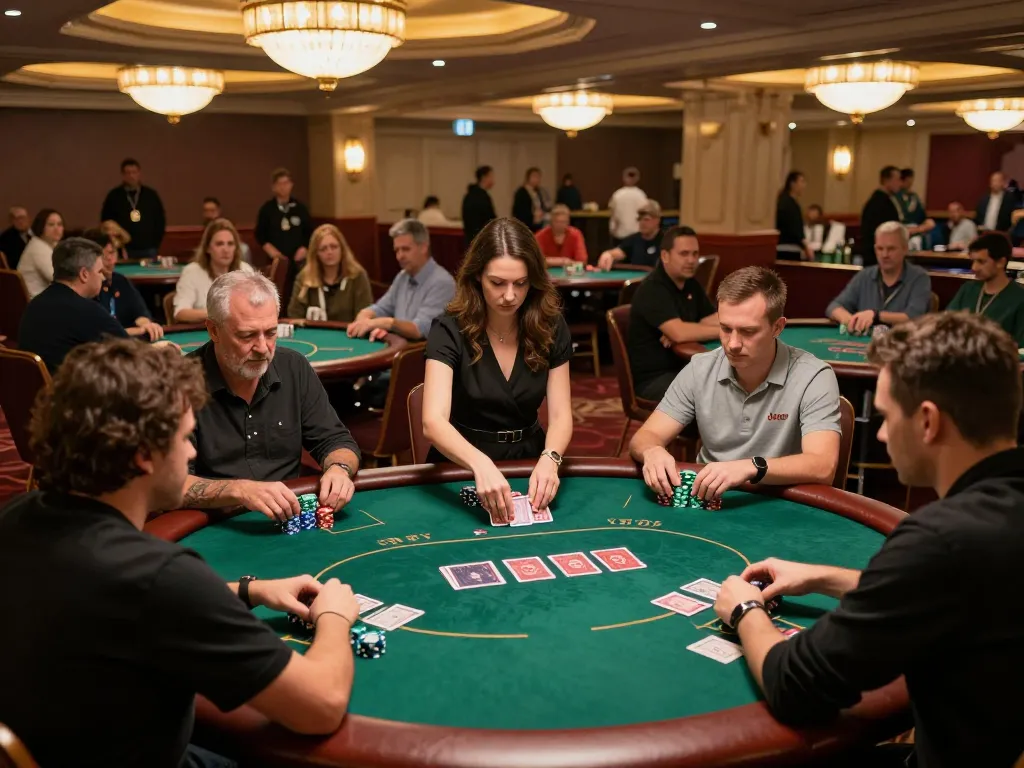 Players strategizing at xx88 poker table in an upscale casino setting.