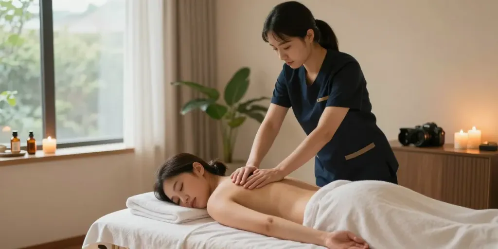 Calm and soothing 구로출장안마 massage scene with warm lighting.