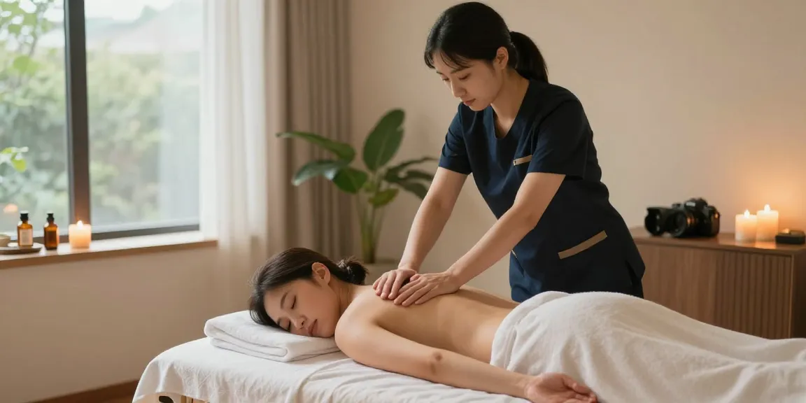 Calm and soothing 구로출장안마 massage scene with warm lighting.