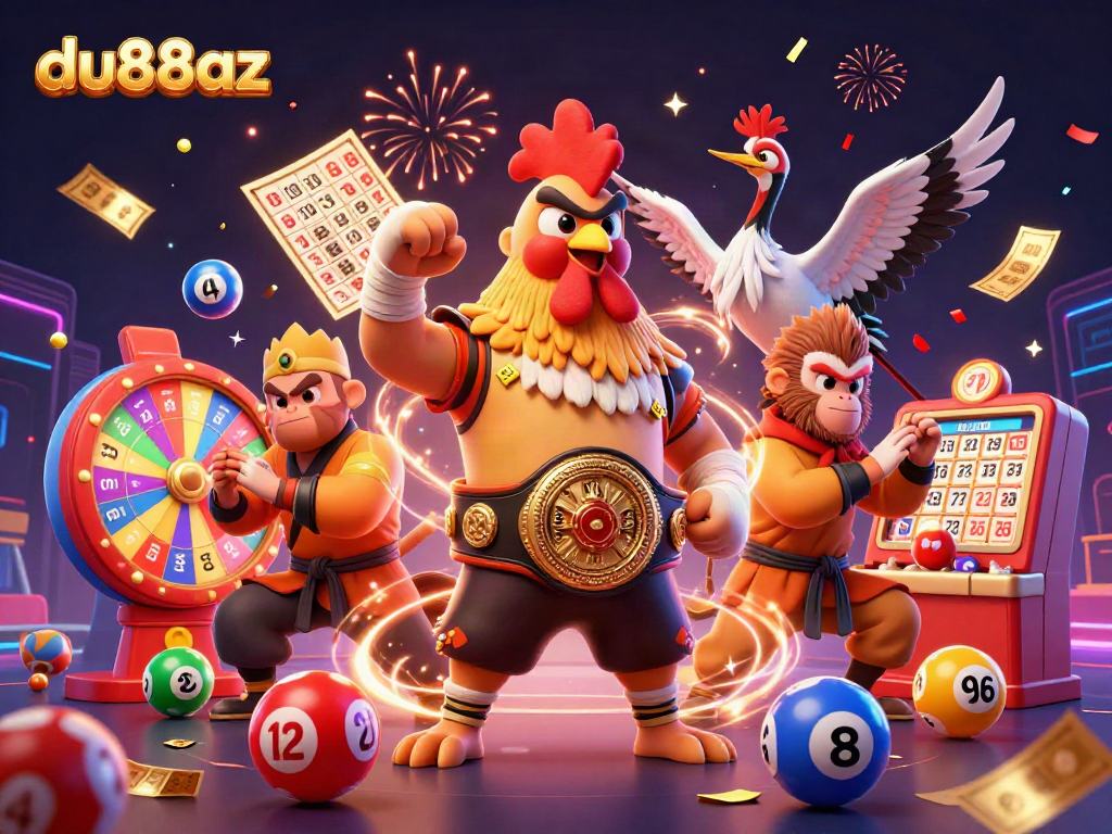 Engage in thrilling gaming action with du88az as vibrant characters and lottery elements fill the scene.