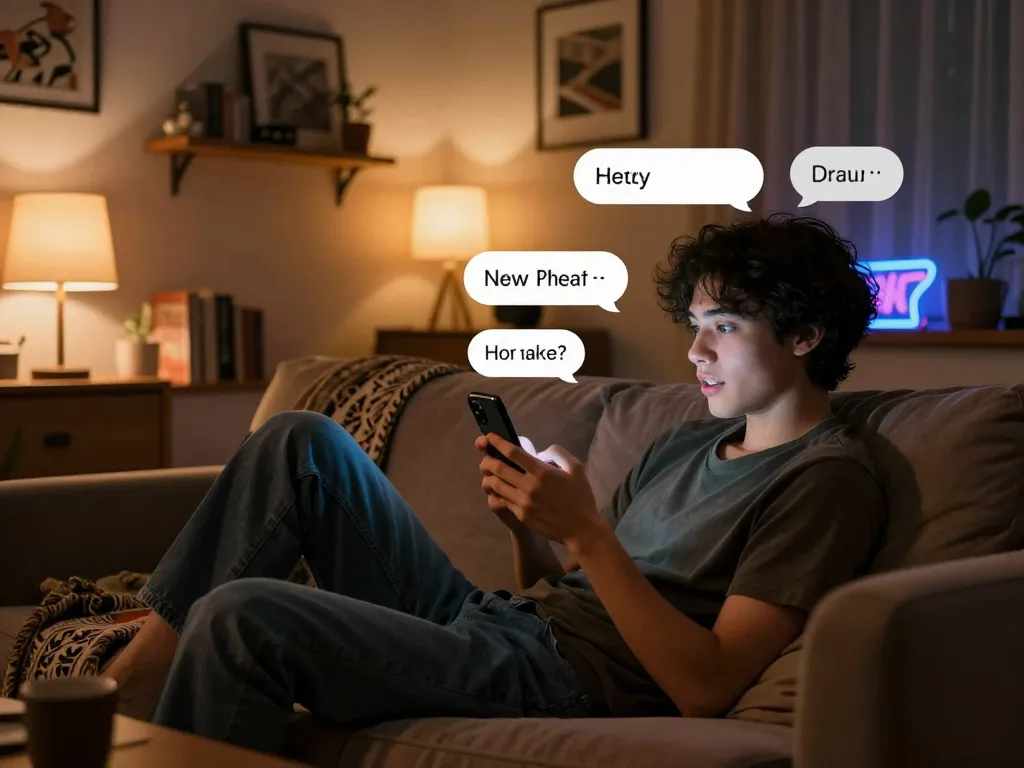 Engaging NSFW chat scene with an individual relaxing on a couch, smartphone showing chat bubbles, creating a warm atmosphere.