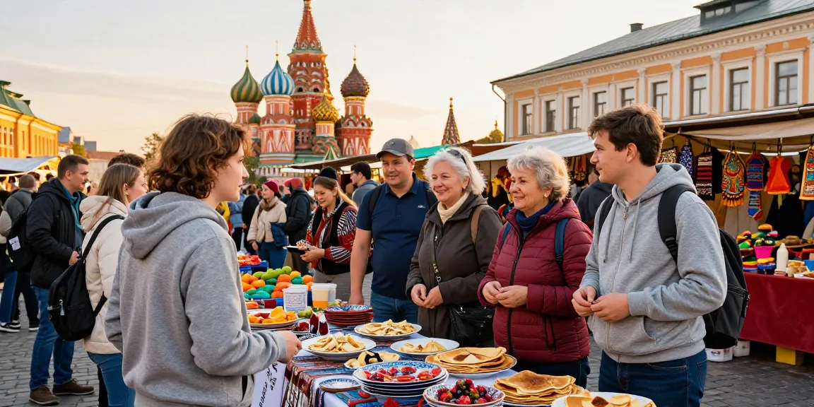 Experiencia de turistas en el mercado de Rusia con https://payinrussia.com/ explorando productos locales y comida típica.