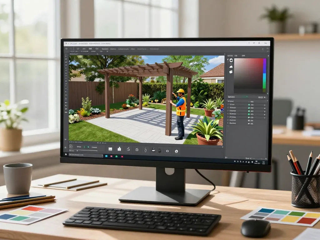 Escena de diseño dinámica que muestra la integración de presupuestos para pérgolas y verandas en software profesional de paisajismo.