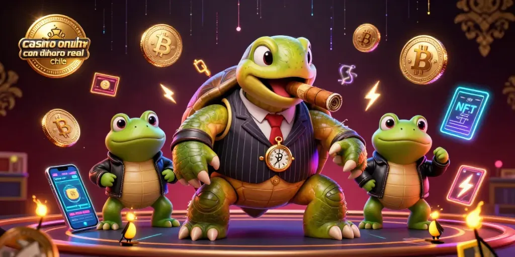 juegos de casino online con dinero real en chile: divertida escena animada de tortuga y ranas en un casino brindando acción