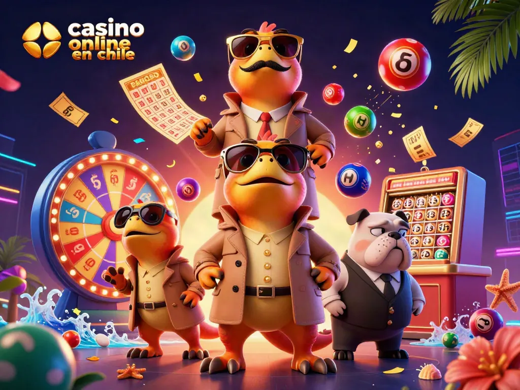 Una ilustración que muestra tres raptores en un abrigo intentando acceder a un casino online en Chile, rodeados de bolas de lotería y efectos de juego.
