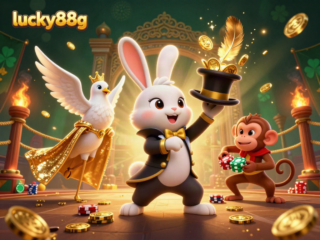 Engage in thrilling gameplay with lucky88g as a magician rabbit conjures coins and poker chips.