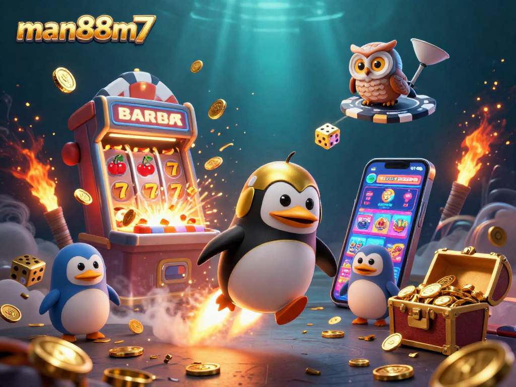 Experience the excitement of man88m7 with a 3D illustration of a penguin blasting to a casino in space.