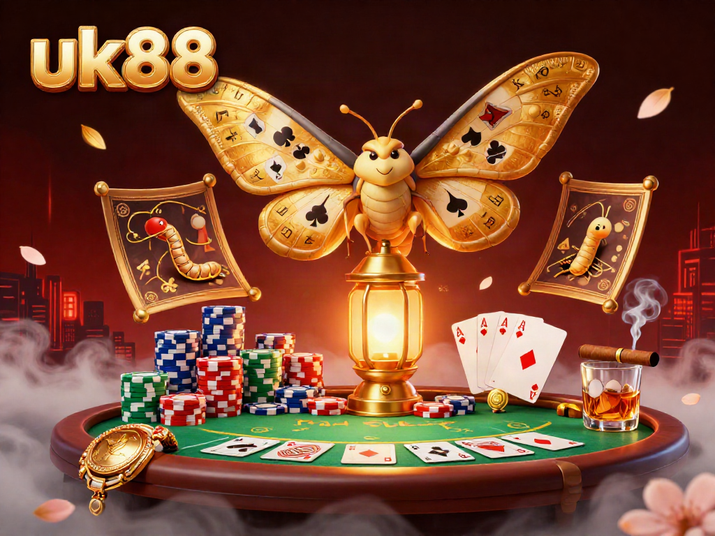 Experience thrilling casino action with uk88 in a vibrant atmosphere filled with poker chips, cards, and a majestic moth.