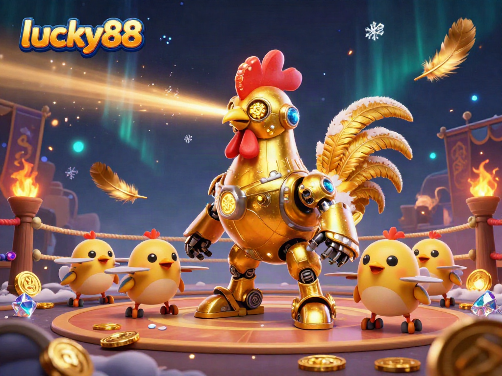 Experience the vibrant excitement of lucky88 with golden rooster robots and dynamic casino elements.