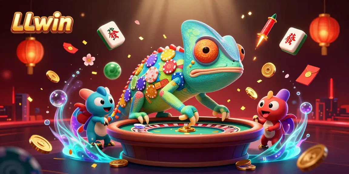 LLwin casino owner chameleon snatching coins amidst vibrant gambling elements in a dynamic 3D scene.