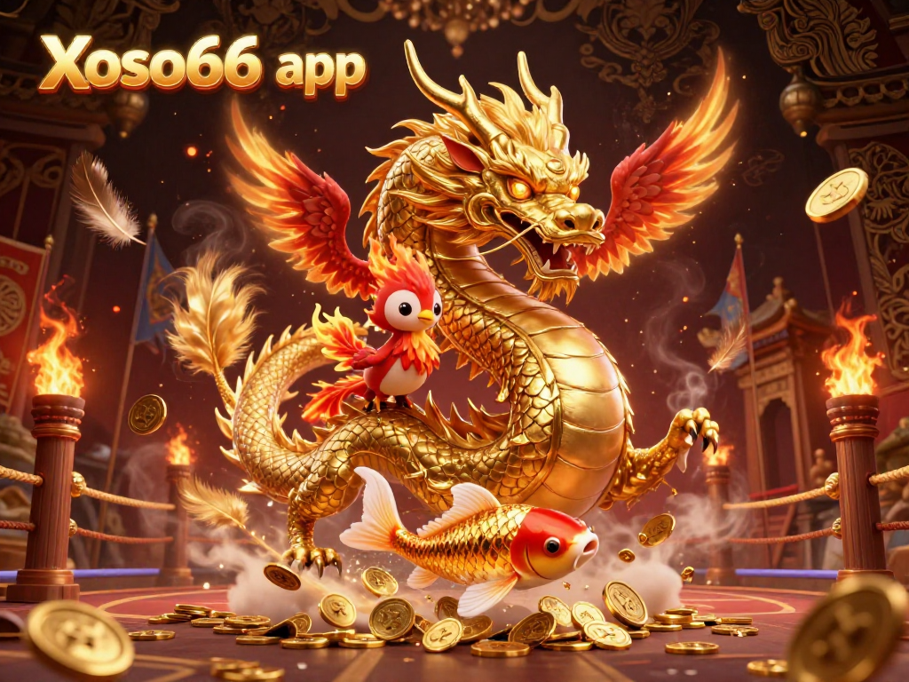 Engage with the exciting Xoso66 app featuring a fierce dragon and phoenix in dynamic casino-themed action.