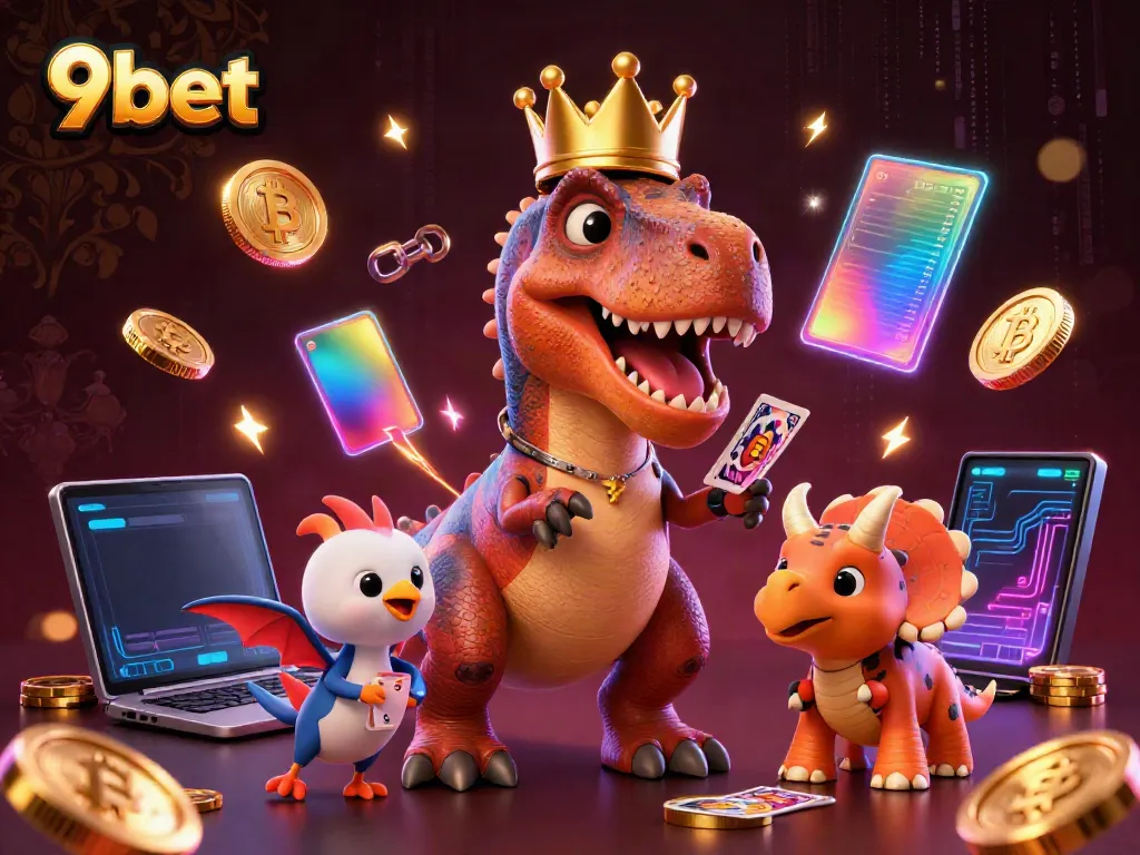 Experience thrilling gaming action with 9bet as lively characters shuffle cards and stack chips.