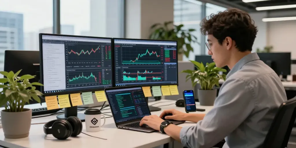 Análisis de mercado de criptomonedas con Phuwerte Inwersowia, en un espacio de trabajo moderno.