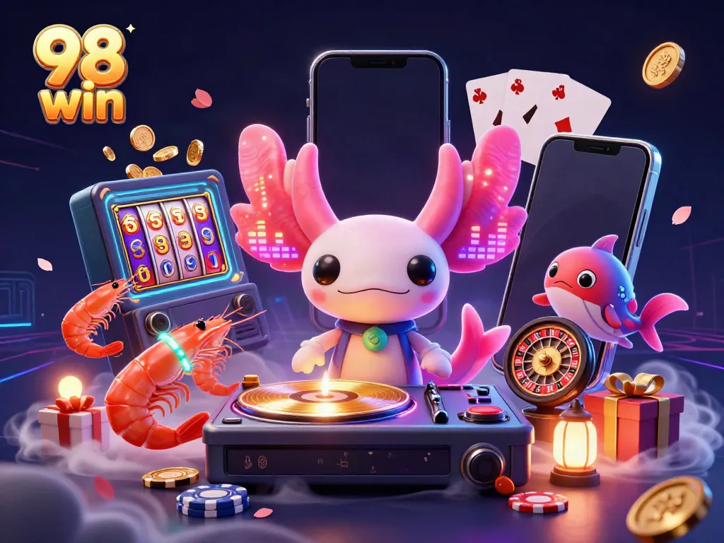 Experience the vibrant 98 win casino atmosphere with a glowing axolotl DJ and animated sea creatures.