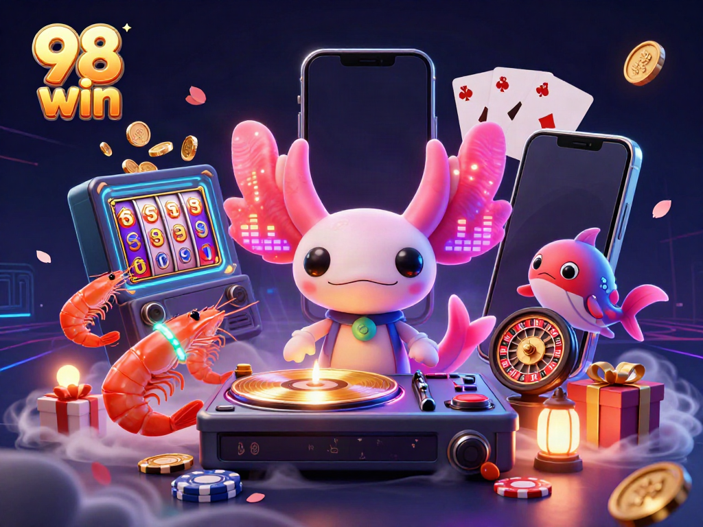 Experience the vibrant 98 win casino atmosphere with a glowing axolotl DJ and animated sea creatures.
