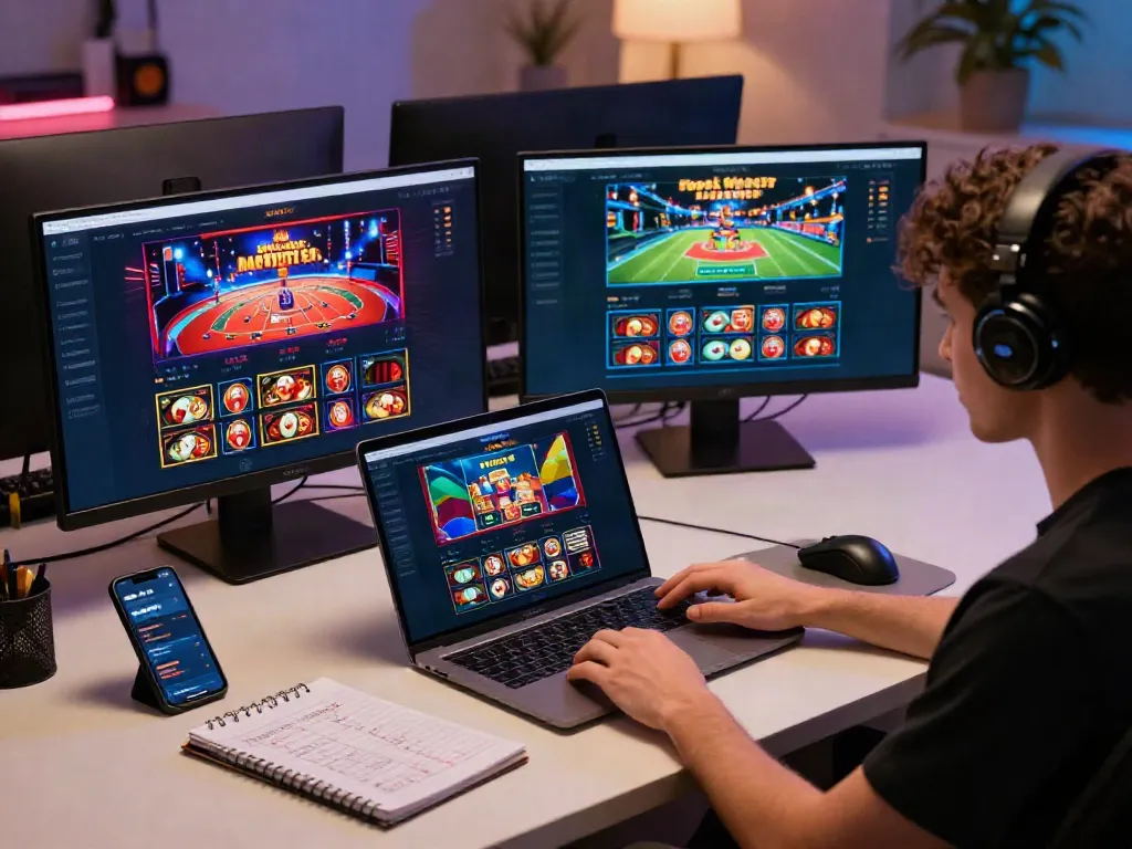 An engaging online gaming scene with a user interacting with the sky88 platform on a laptop, featuring vibrant casino and sports betting visuals.