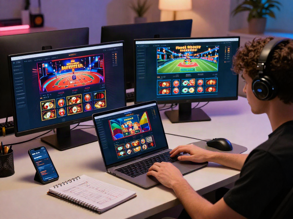 An engaging online gaming scene with a user interacting with the sky88 platform on a laptop, featuring vibrant casino and sports betting visuals.
