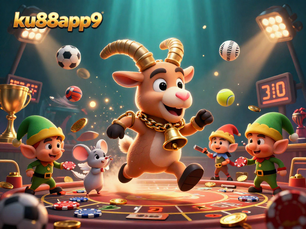 Players enjoy thrilling chances at ku88app9 with engaging characters in a vibrant, festive casino scene.