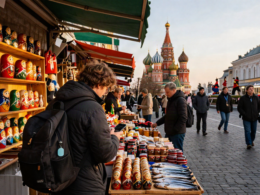 Explorador en mercado de Moscú, utilizando https://payinrussia.com/ para pagar productos locales.