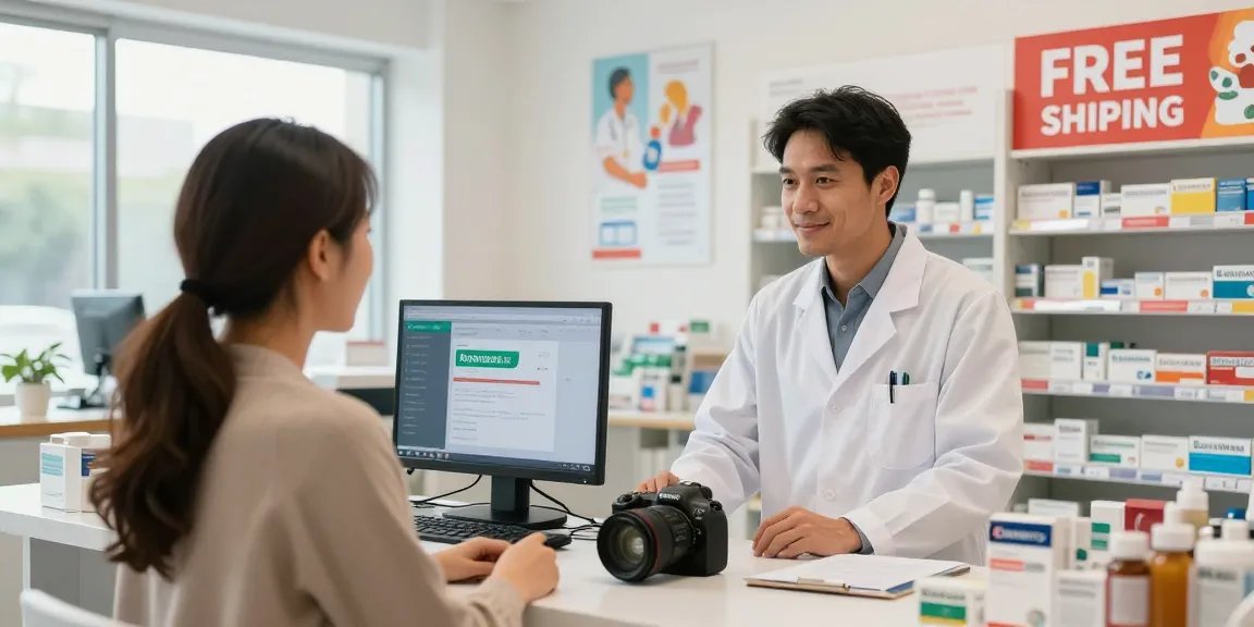 Buying kamagra España: pharmacist guiding customer in a modern pharmacy.