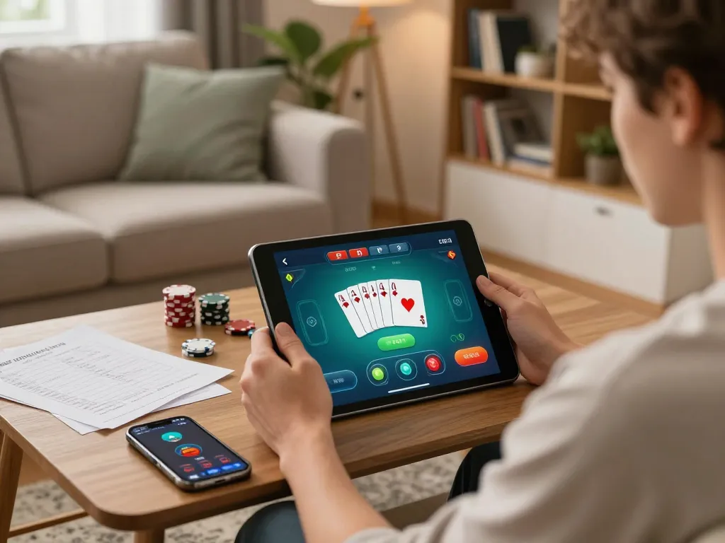 Engaging in online poker at home on a tablet, xx88 gaming experience.