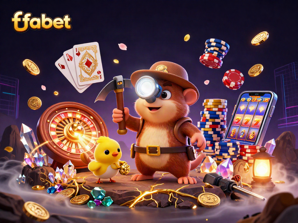 Win big at fabet with this vibrant 3D cartoon treasure hunter scene filled with golden coins and casino games.