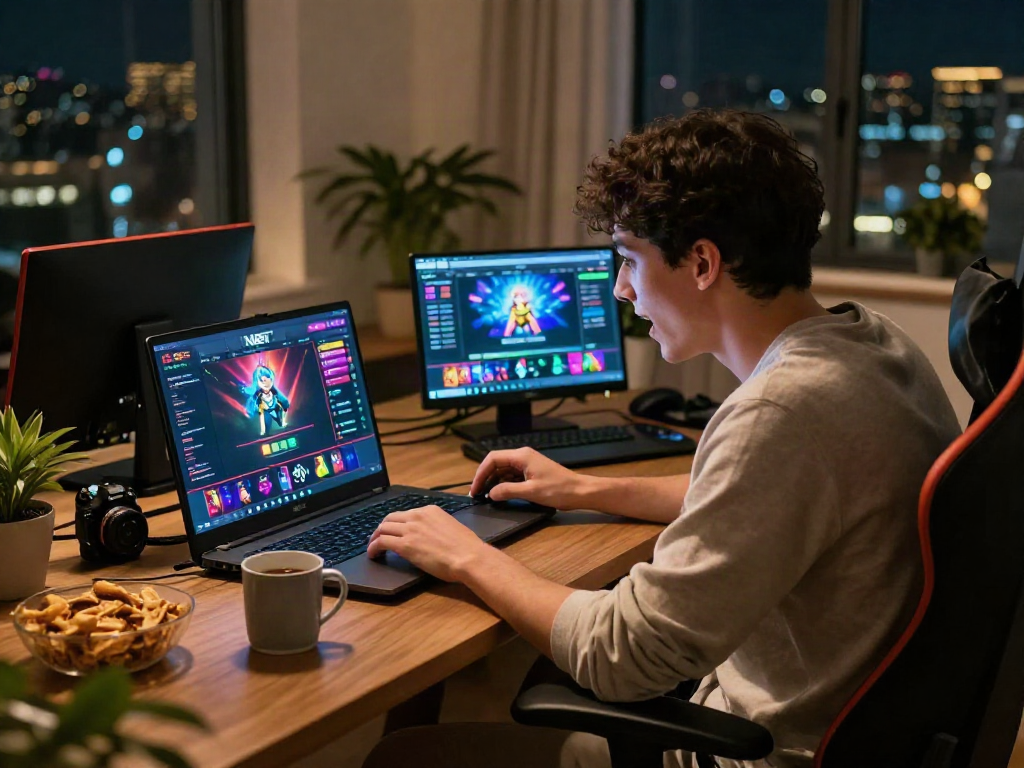 Player enjoying online gaming at https://nbet.group/ with vibrant interface and cozy setting.