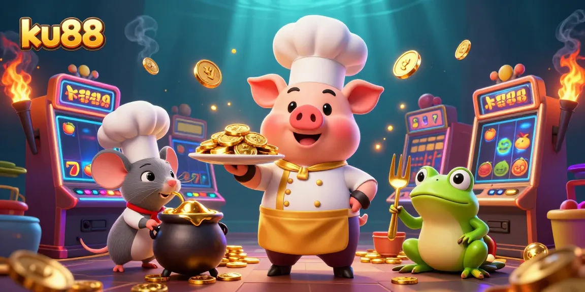 ku88 presents a vibrant 3D scene with cartoon characters showcasing slot games and gold coins.