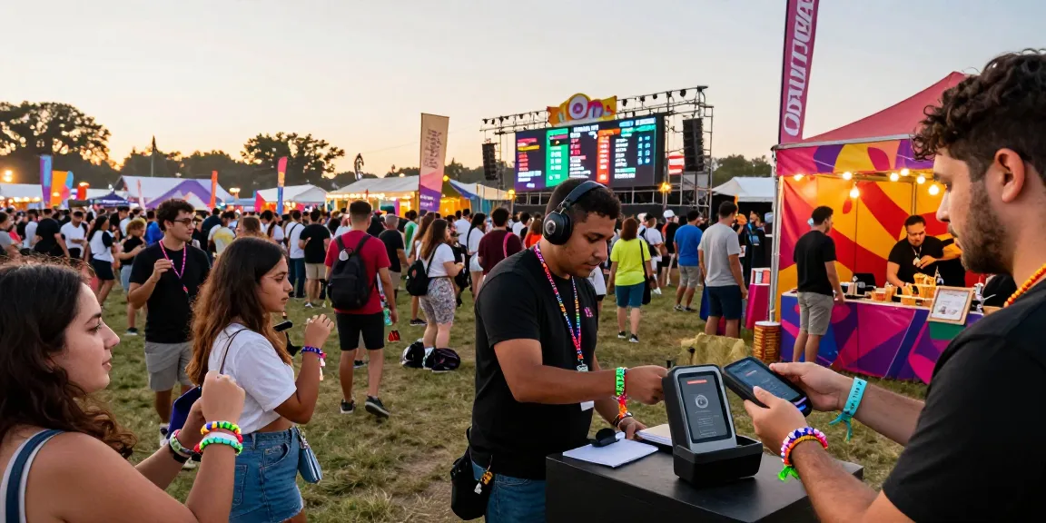 Vibrant festival scene with pulseras NFC para eventos enhancing access control and guest experience, lively atmosphere.
