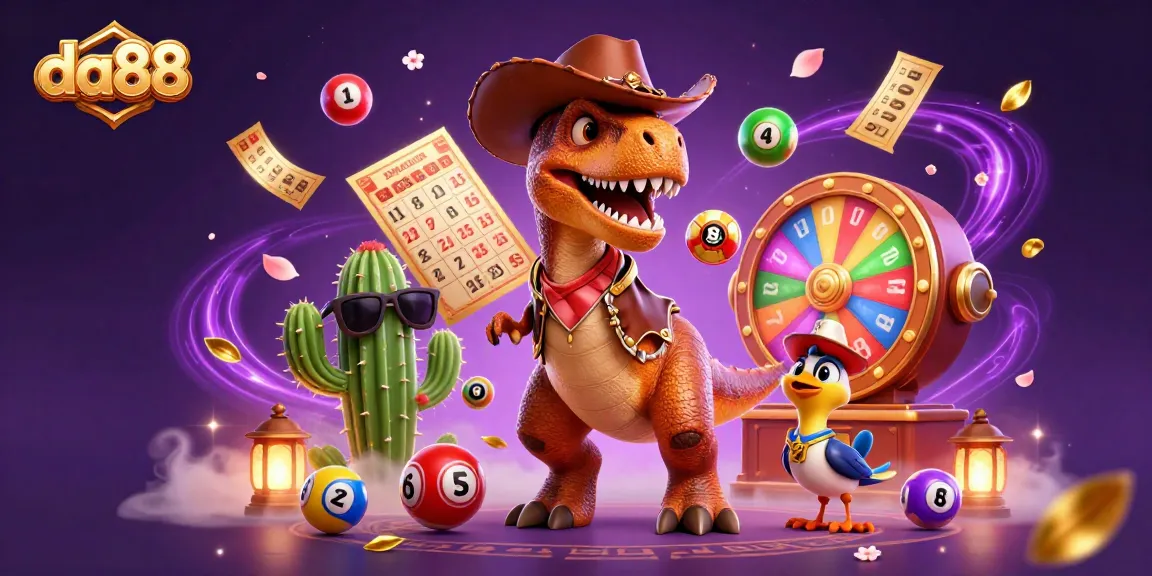 Win big with da88 in this vibrant 3D casino scene featuring colorful lottery elements and dynamic characters.