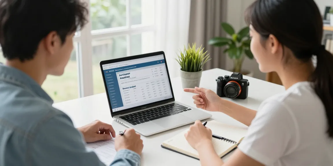 Young couple using a buscador hipotecas to calculate mortgage options at their stylish home office.