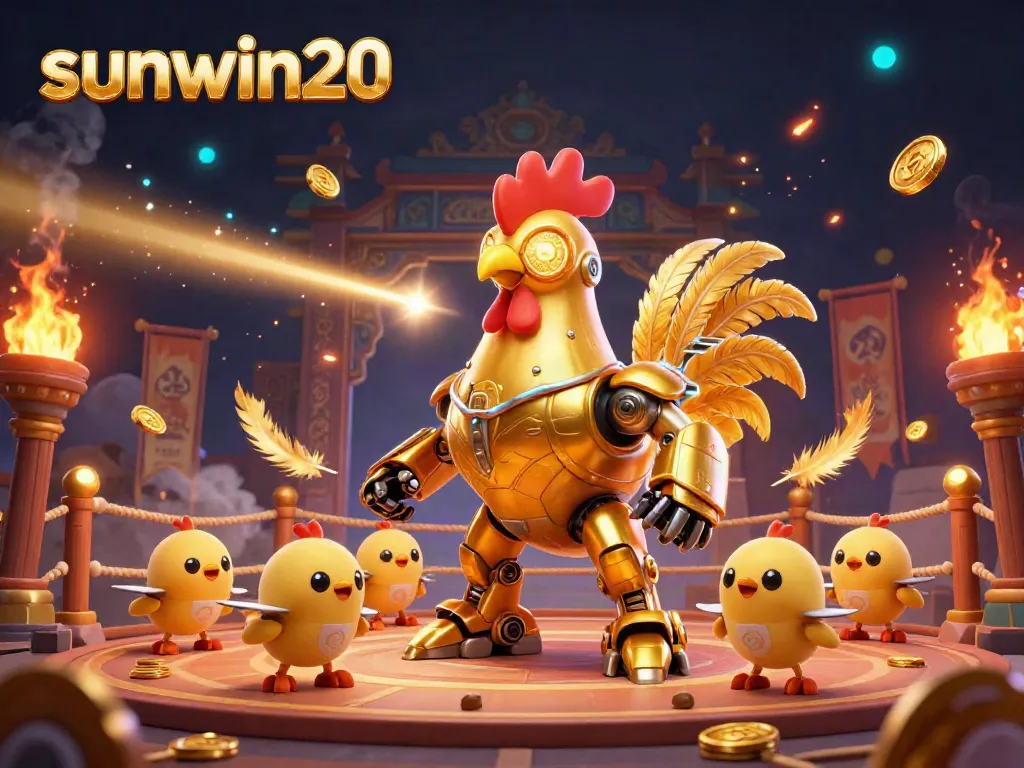 Engage with the vibrant sunwin20 casino scene featuring an epic golden rooster robot surrounded by dynamic gaming elements.