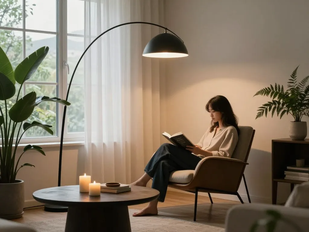 Hermosa lampara arco realzando un acogedor rincón de lectura con iluminación cálida y decoración elegante.