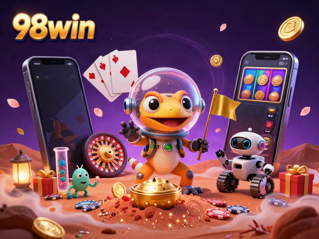 Experience the 98win universe featuring a cartoon Martian gecko discovering a golden casino packed with gaming excitement.