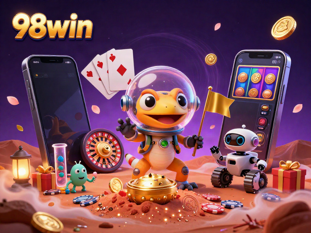 Experience the 98win universe featuring a cartoon Martian gecko discovering a golden casino packed with gaming excitement.