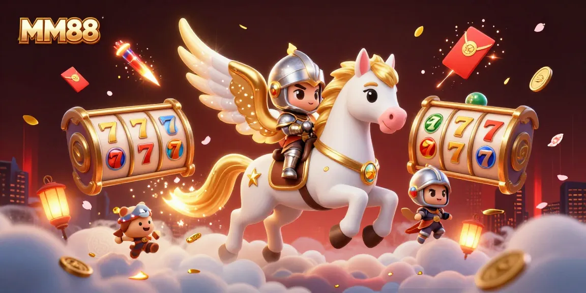 Experience thrilling gaming with MM88, featuring a whimsical knight on a celestial horse among floating slot symbols.