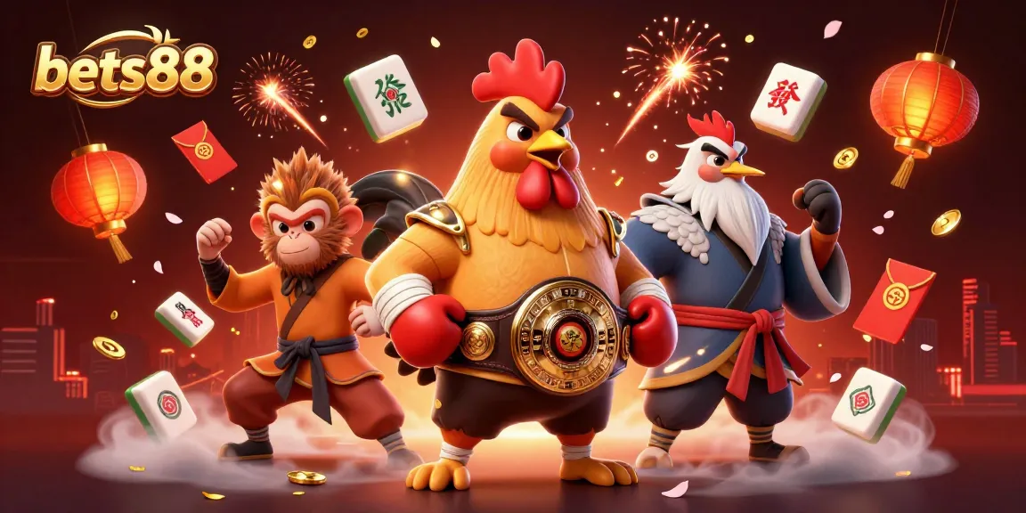 Experience excitement at bets88 with a dynamic 3D illustrated scene featuring fierce characters and vibrant casino elements.